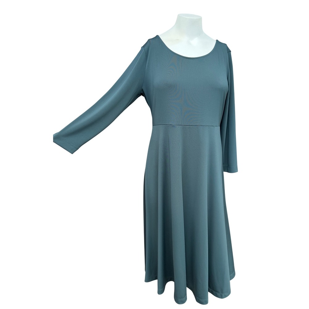 Lands End Dress Medium 10-12 Teal Green Long Sleeve Fit Flare Midi Dress